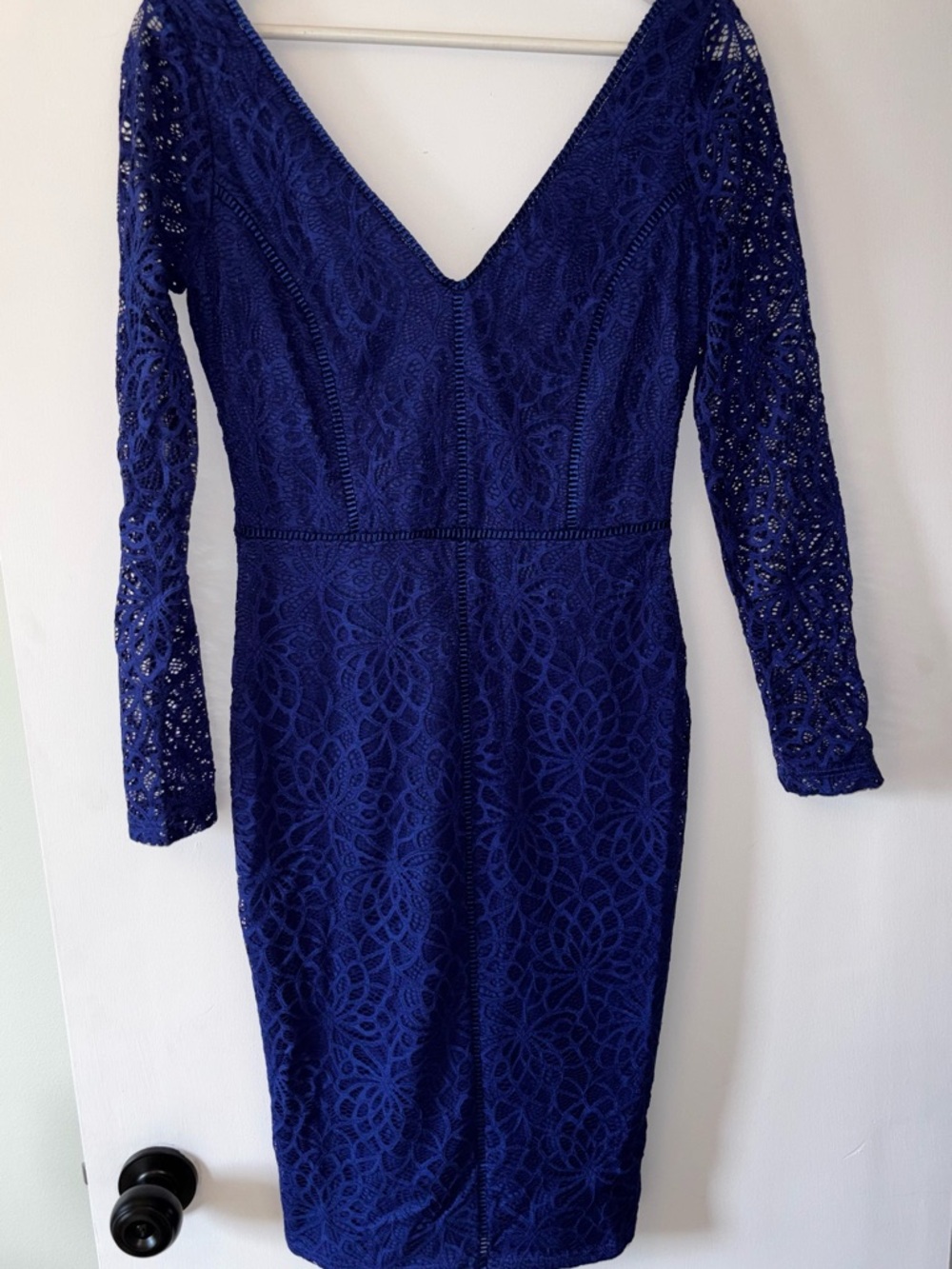 le chateau Cobalt Lace V-Neck Long Sleeve Sheath Dress